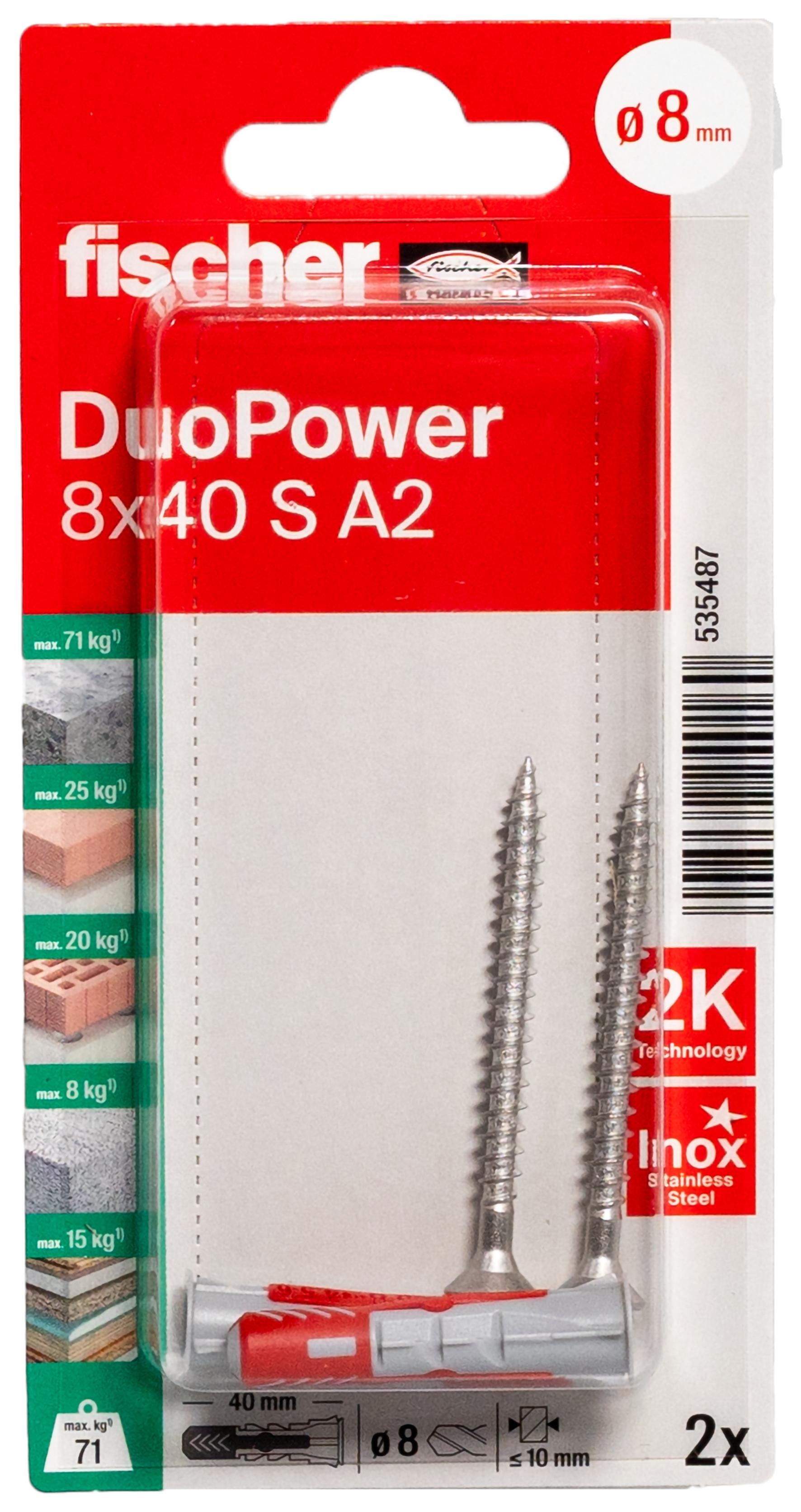 fischer DUOPOWER 8 x 40 S Schraube nicht rostender Stahl A2