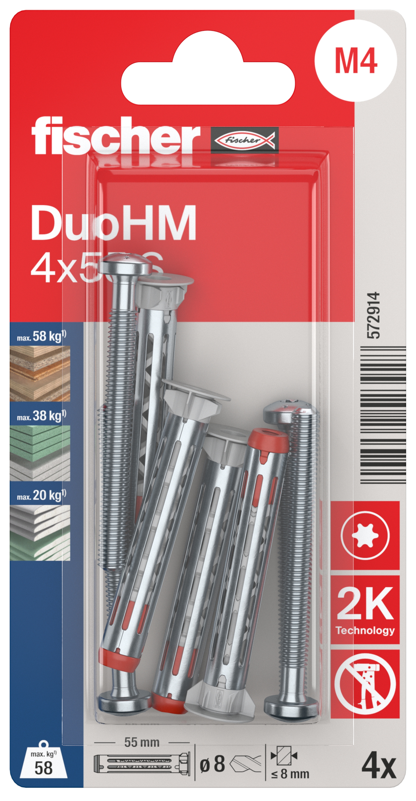 fischer Hohlraumdübel DuoHM4 x 55 S PH TX, Panhead-Schraube, TX-Antrieb