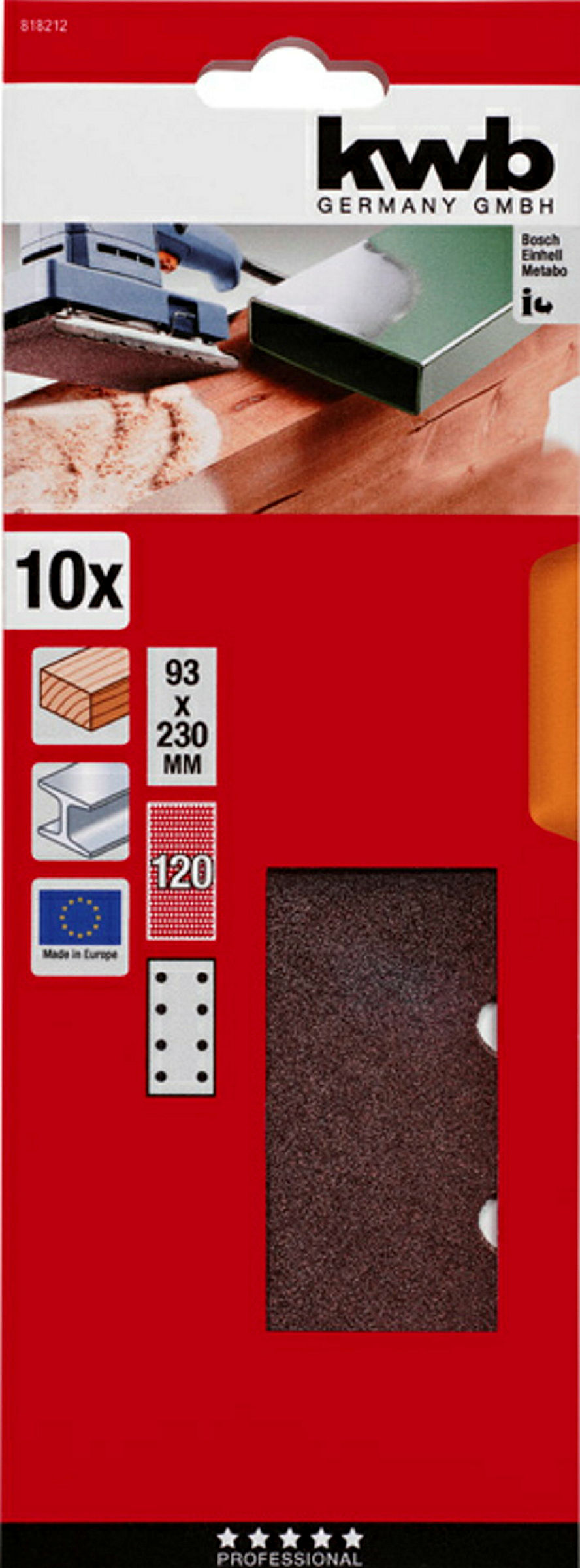 Schleifstreifen, HOLZ & METALL, Korund, 93 x 230 mm, gelocht, TYP B, K 120