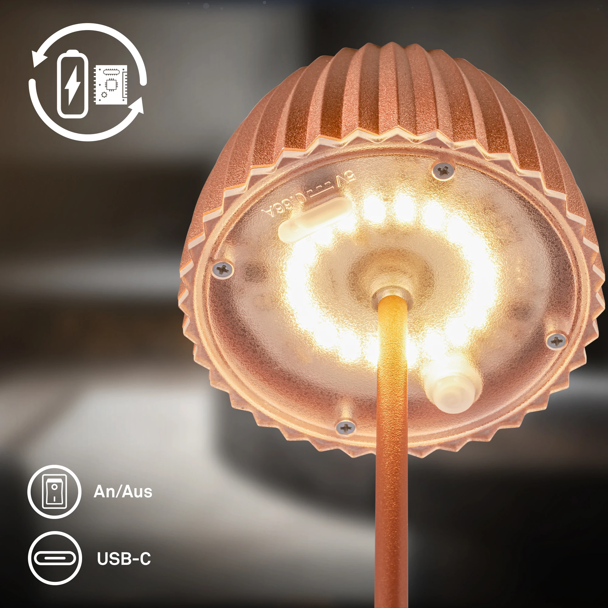 Brilo unplugged RIFFLE Akku Mini Tischleuchte mit Lichtkante - Kupfer