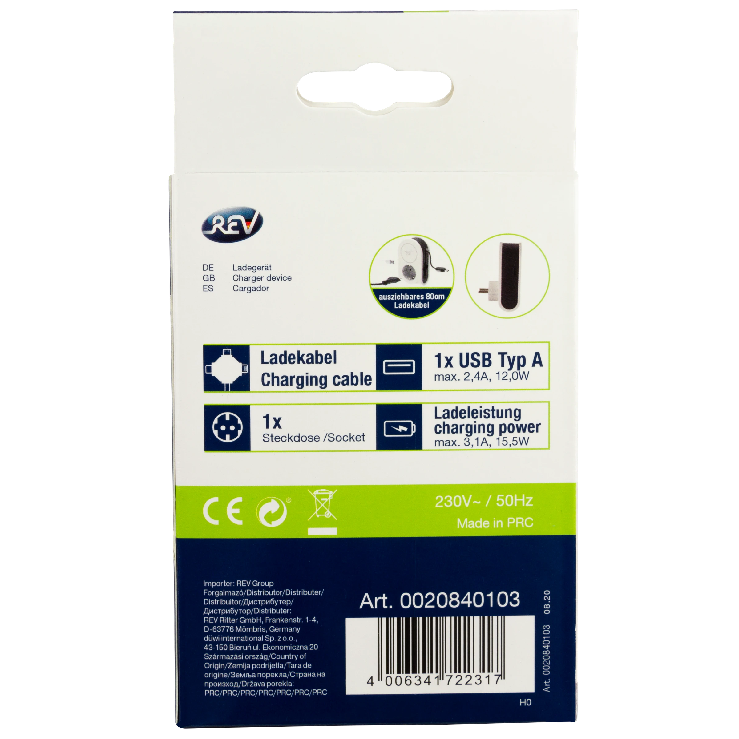 USB-Ladegerät Flex 3 in 1 mit ausziehbarem Ladekabel 3,1A weiß