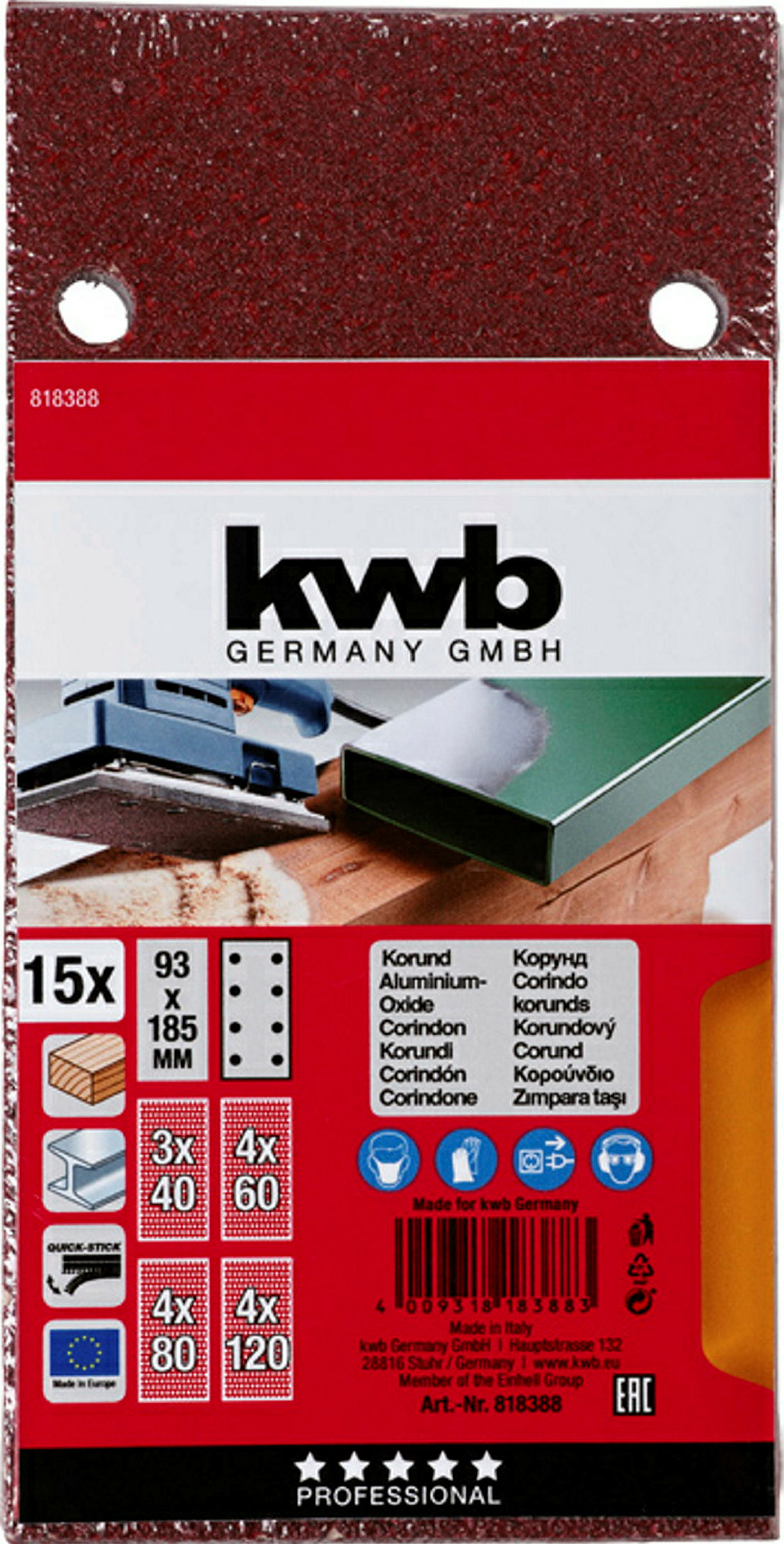 Haft-Schleifstreifen, HOLZ & METALL, Edelkorund, 93 x 185 mm
