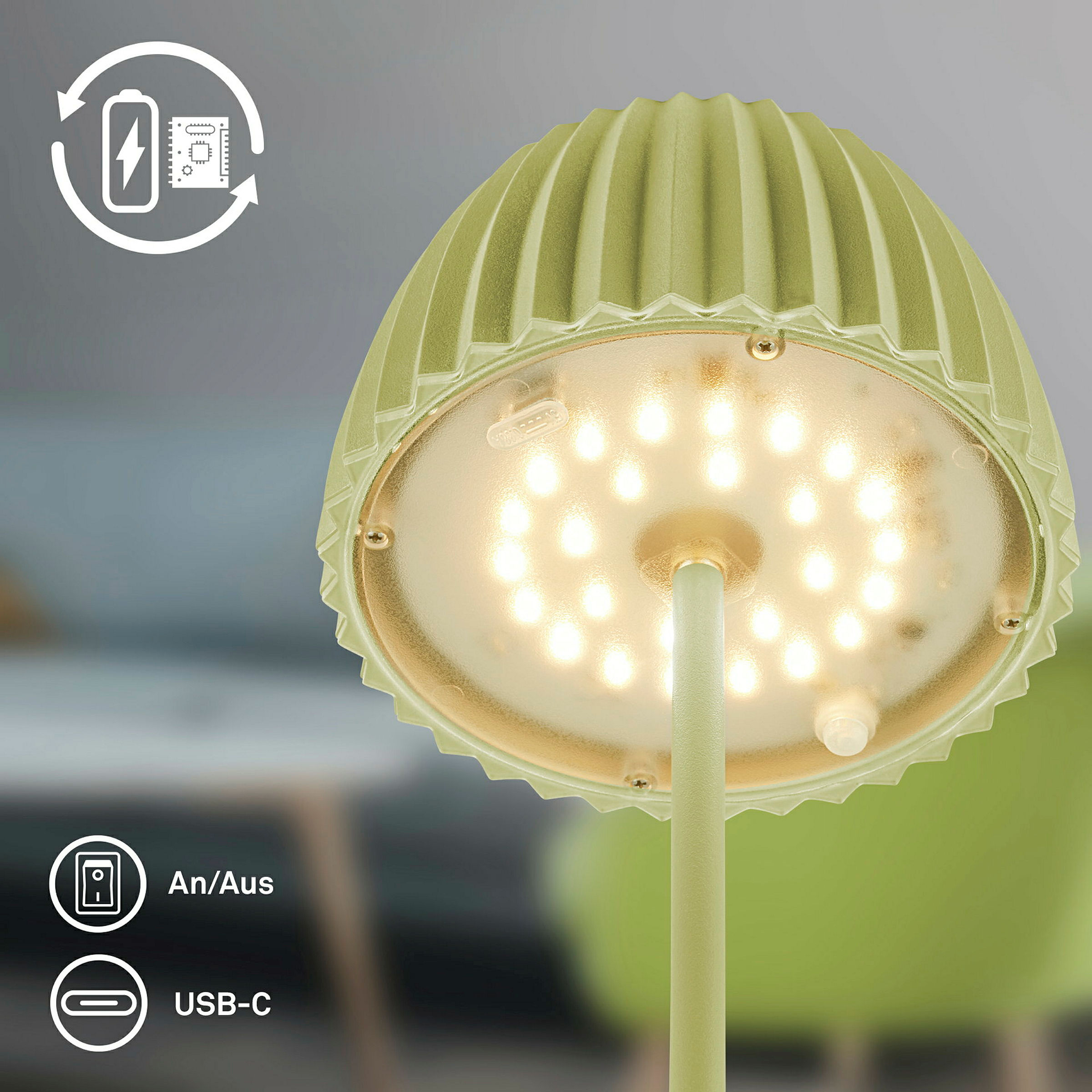 Brilo unplugged RIFFLE Akku Mini Tischleuchte mit Lichtkante - Pastellgrün