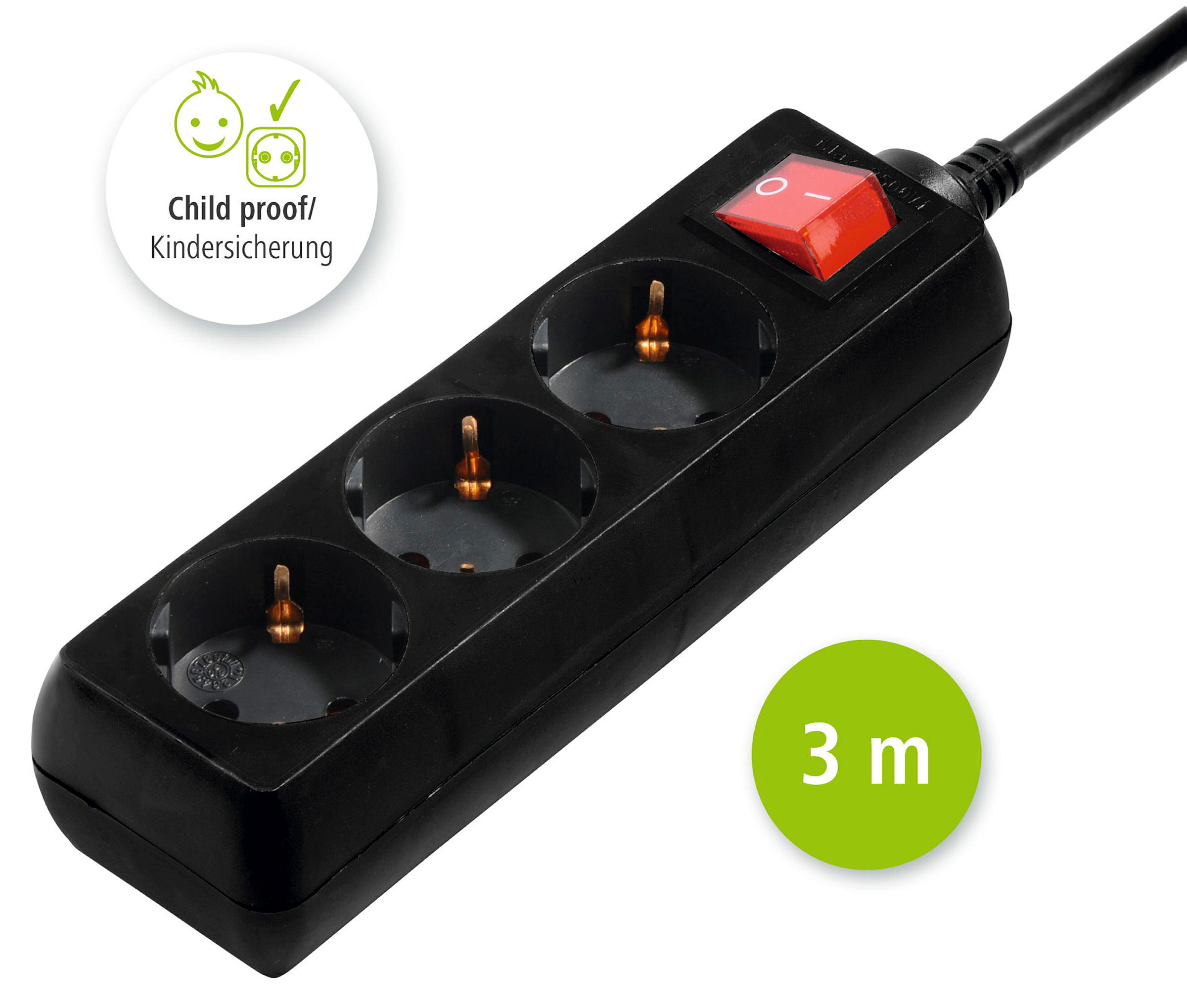 Hama Steckdosenleiste, 3-fach, mit Schalter, 3 m, Schwarz
