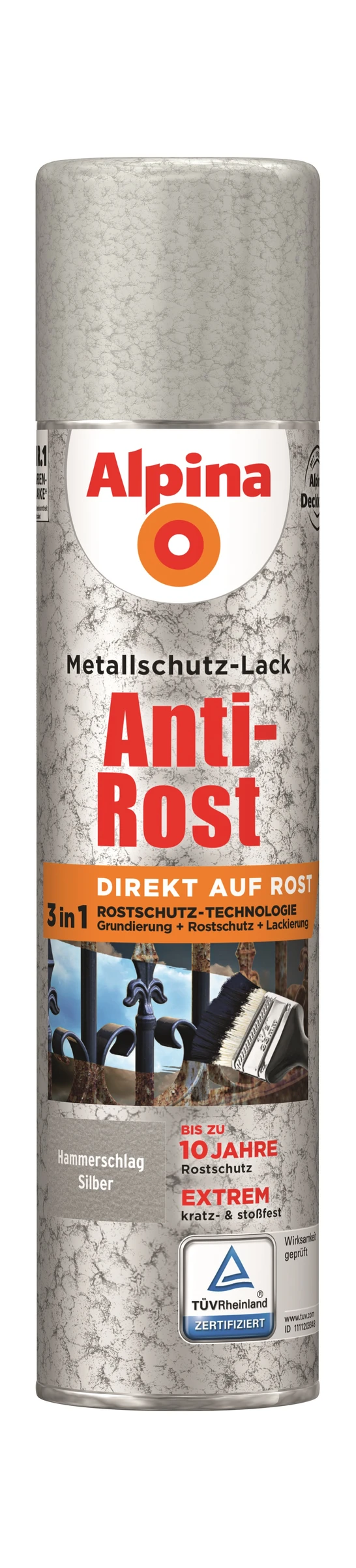 Alpina Metallschutzlack Anti-Rost Hammerschlag Silber 400ml Sprühdose matt