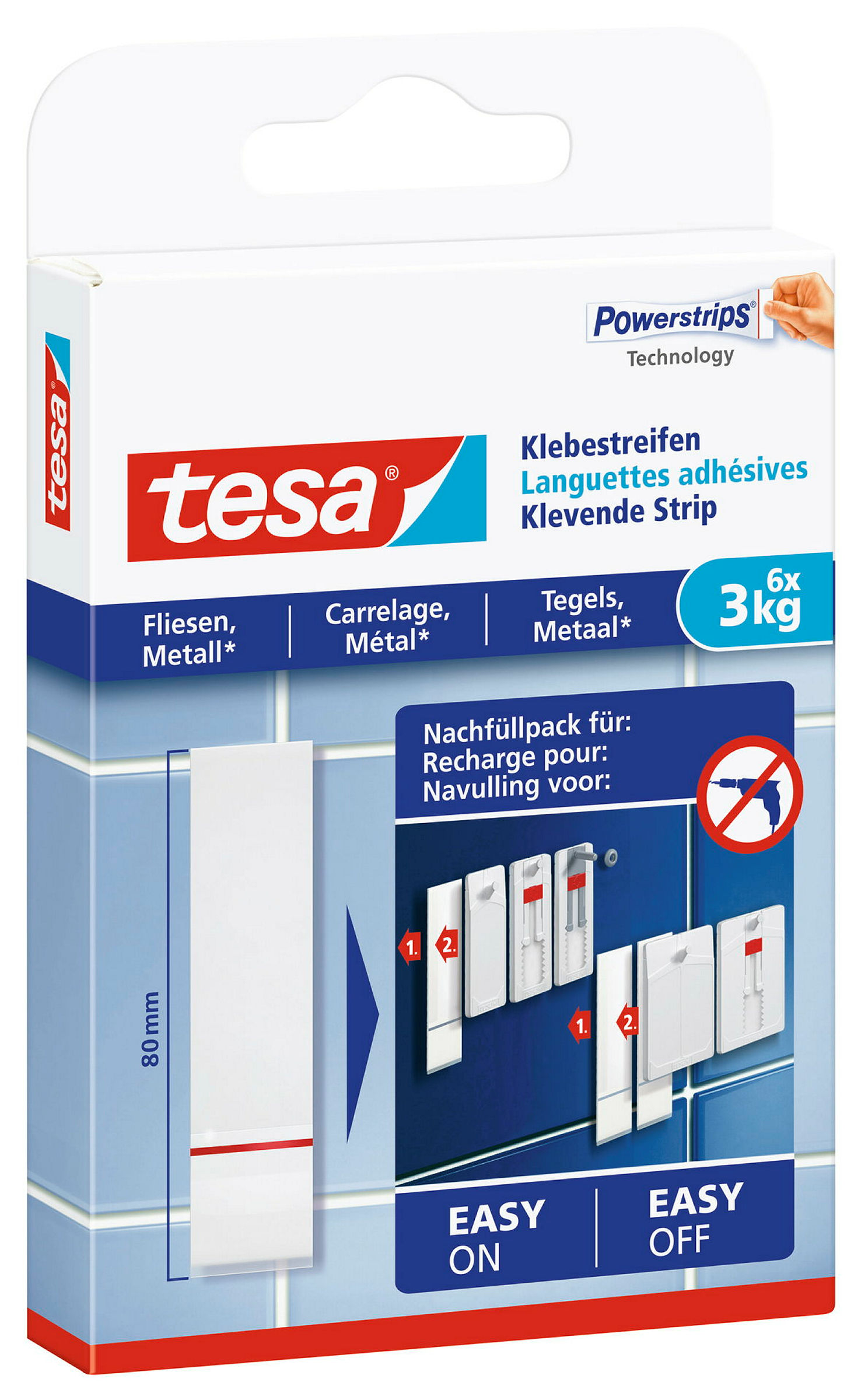 Klebestreifen für Fliesen und Metall (3kg), Packung mit 6 Strips