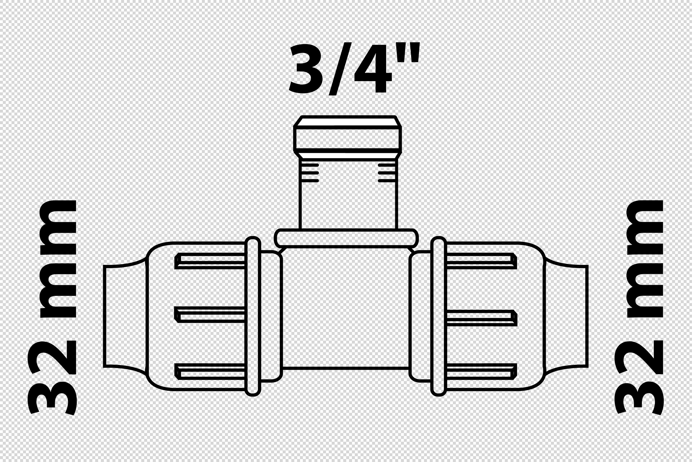 PP T-Stück, 32 mm x 3/4''IG x 32 mm, Klemmfitting für HDPE