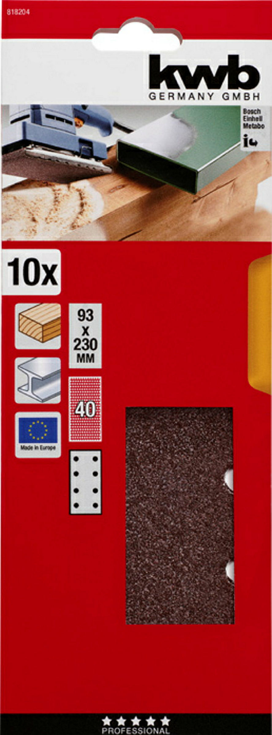 Schleifstreifen, HOLZ & METALL, Korund, 93 x 230 mm, gelocht, TYP B, K 40