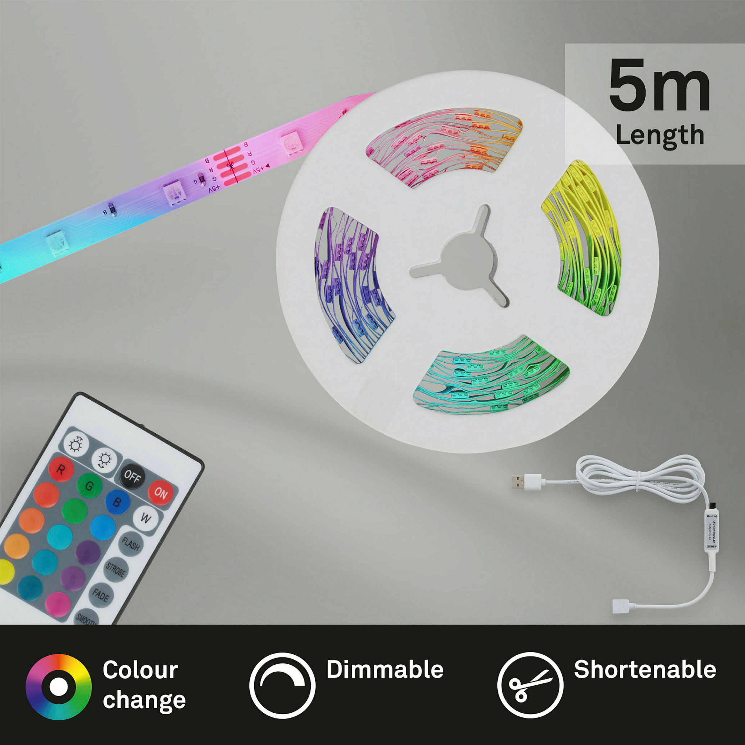 RGB-LED Flexband, 5m, 150xRGB-LED/0,04W, inkl. USB